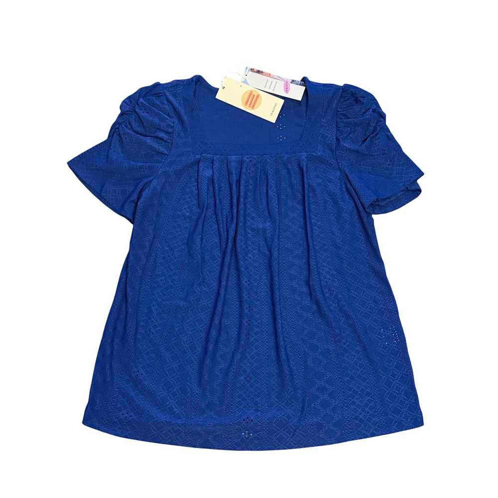 Dokotoo Royal Blue Eyelet Square Neck Puff Sleeve Top Small NEW